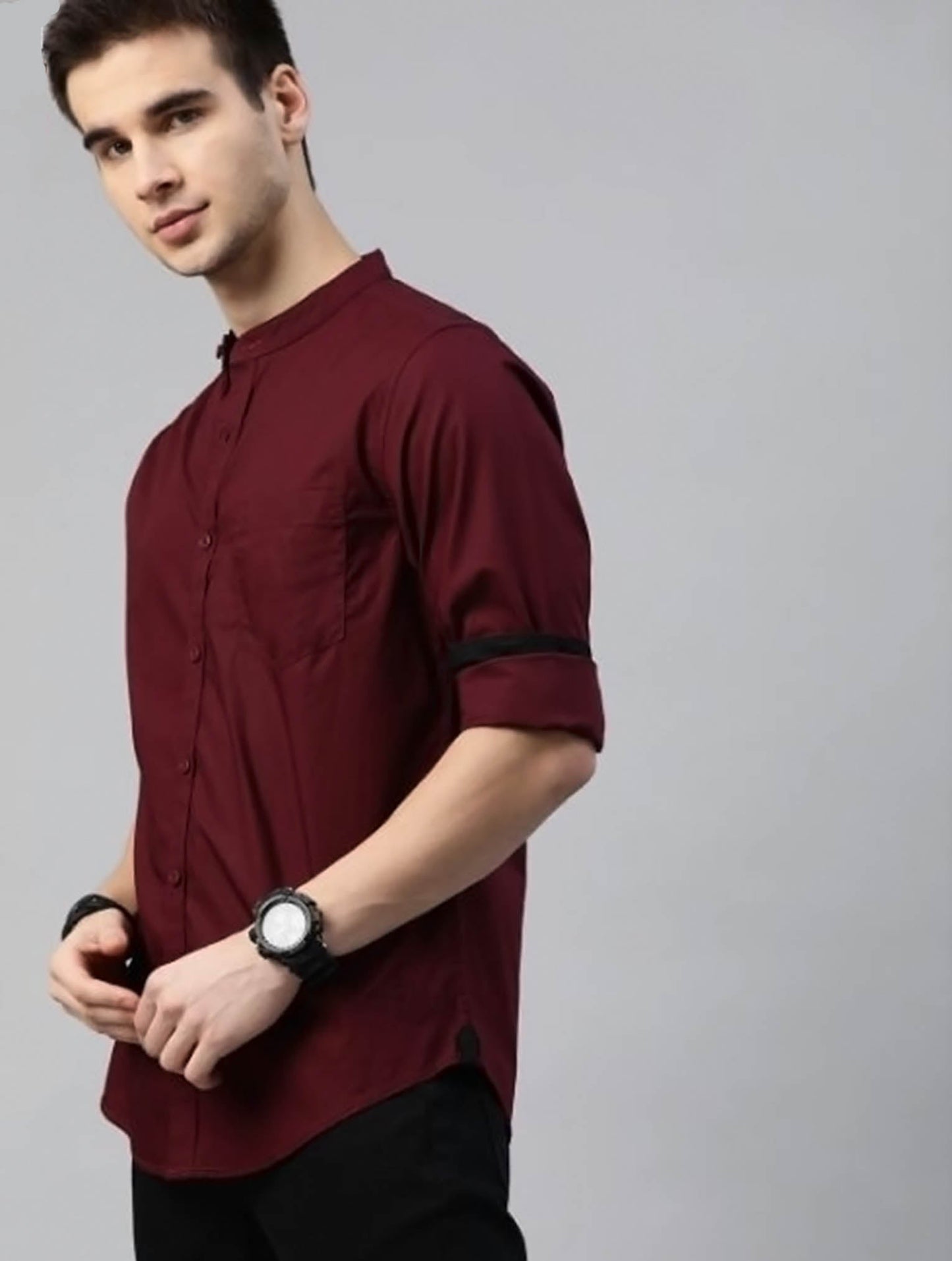 Sherwani Collar Maroon Shirt Single Pocket Black Cuff - Code # W123