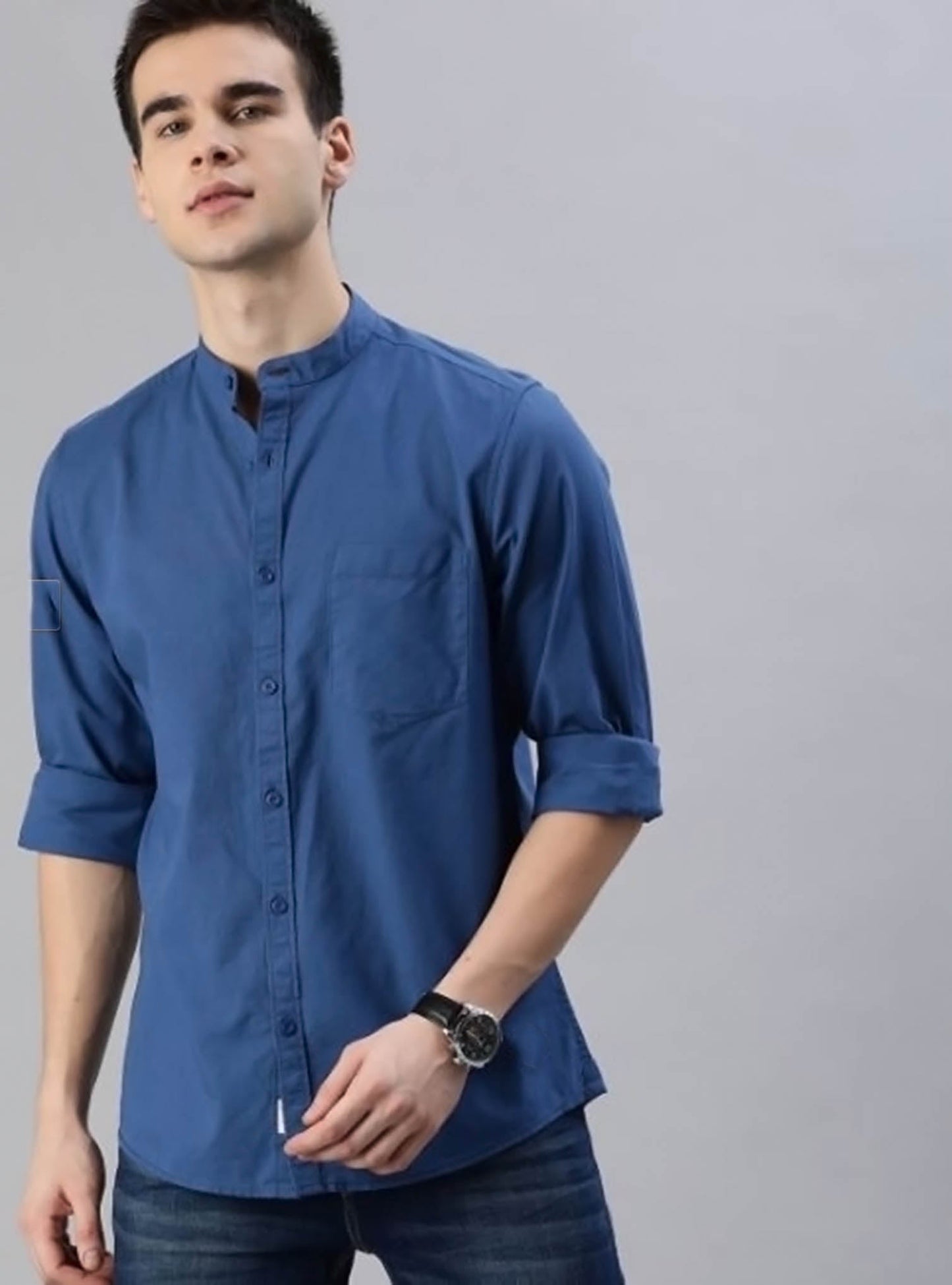 Sherwani Collar Blue Shirt Single Pocket - Code # W122