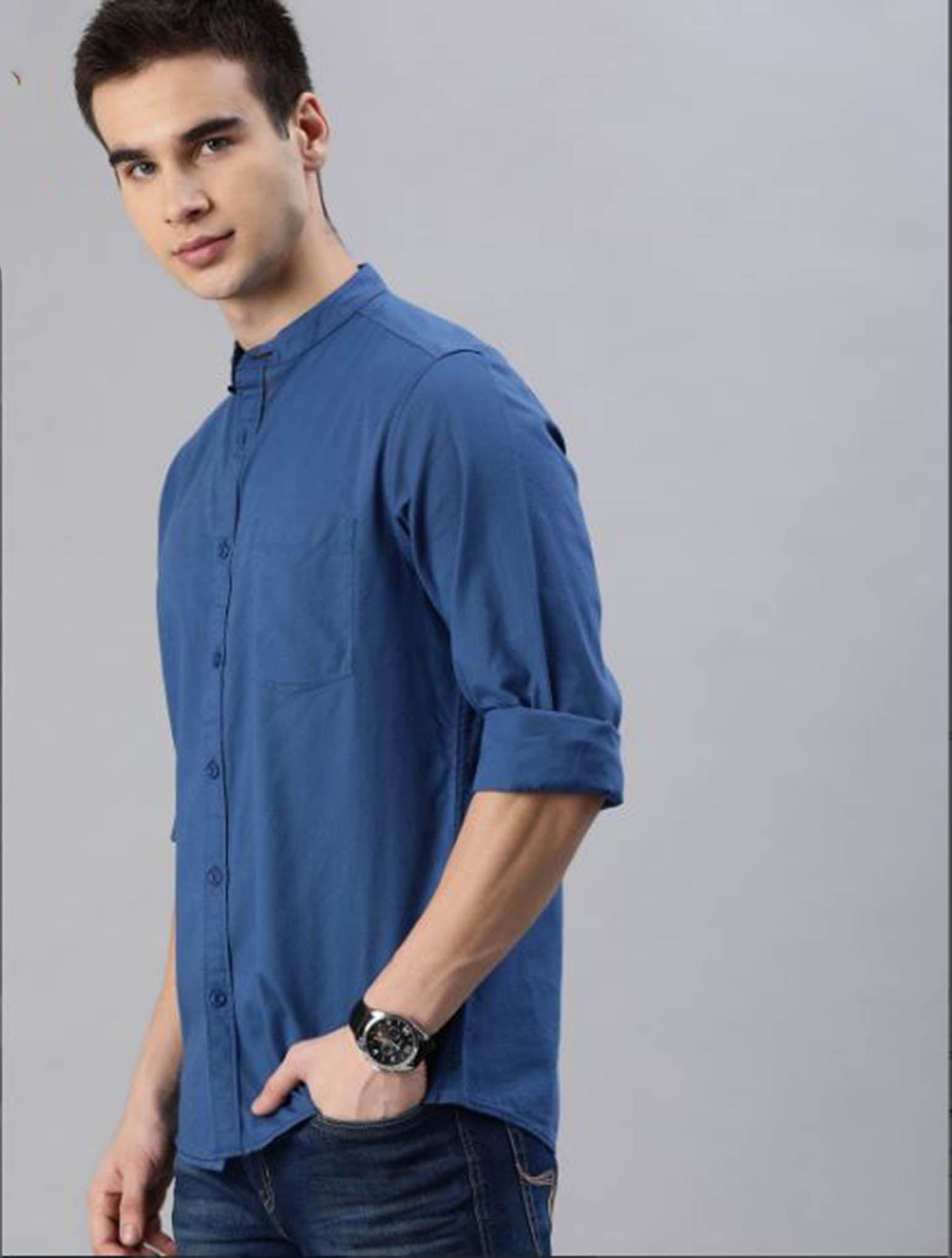 Sherwani Collar Blue Shirt Single Pocket - Code # W122