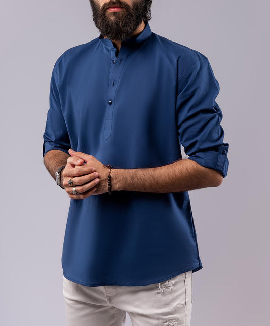 Cotton Henley Shirt - Navy Blue