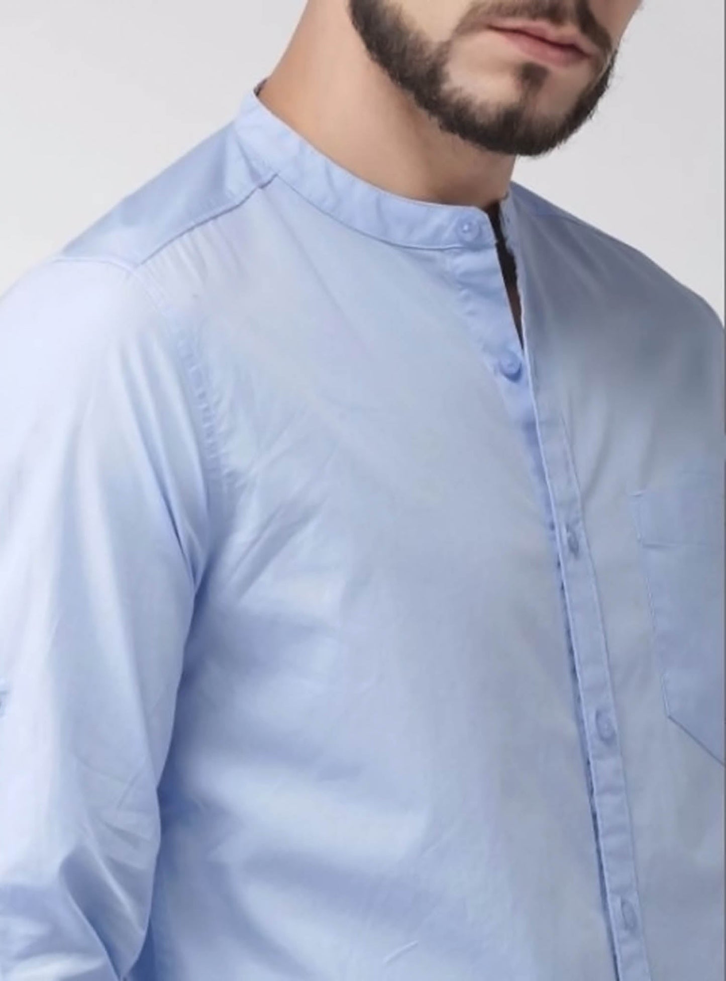 Sherwani Collar Sky Blue Shirt Single Pocket - Code # W110