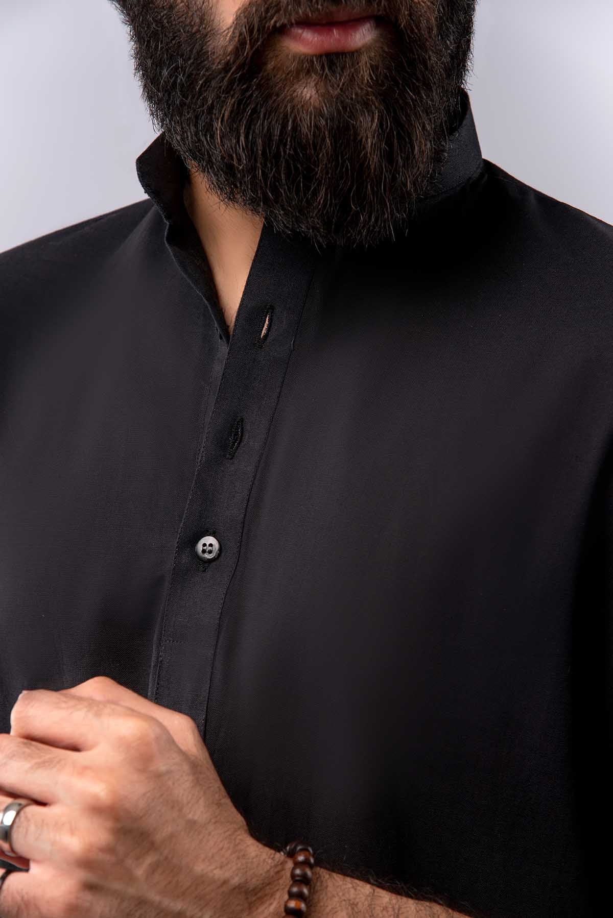 Cotton Henley Shirt - Black