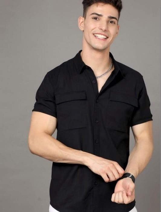 Half Sleeves Black Double Pocket Premium Quality Shirt