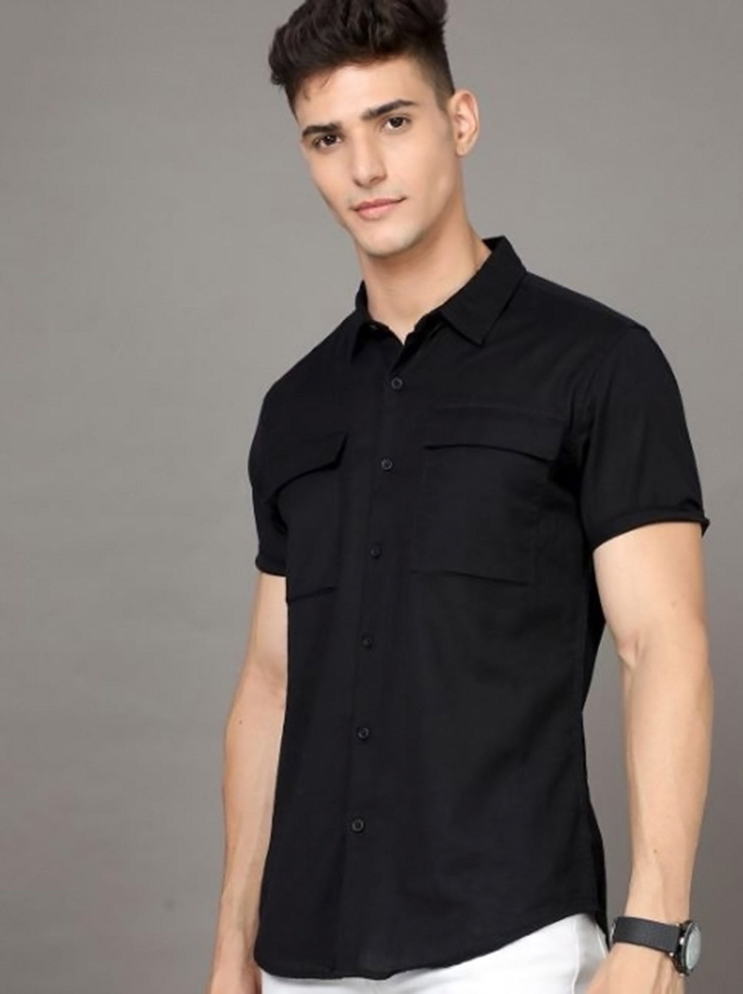 Half Sleeves Black Double Pocket Premium Quality Shirt