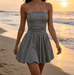 Cocktail Dress Gingham Bubble Tube Dress Strapless Ruched Sleeveless Summer Dress - Image 2