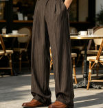 Pinstripe Casual Dress Pants Wide Leg Baggy Pleated Slacks Elastic Waist Loose Fit Work Trousers - Image 2