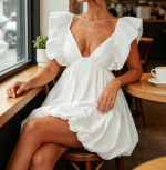 Summer Mini Dress Deep V-Neck Babydoll Bubble Backless Lace Up Sexy Short Dress - Image 2