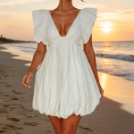 Summer Mini Dress Deep V-Neck Babydoll Bubble Backless Lace Up Sexy Short Dress