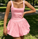 Puffy Bubble Hem Mini Dress Sleeveless Sexy Summer Going Out Club Dress