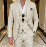 3 Piece Linen Suit Slim Fit Blazer Vest Pants Set Wedding Prom Tuxedo Business Casual Suit