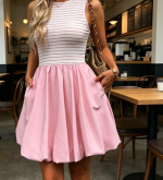Casual Bubble Mini Dress with Pockets Sleeveless Bubble Hem Striped Tank Short Dress Summer - Image 2