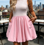 Casual Bubble Mini Dress with Pockets Sleeveless Bubble Hem Striped Tank Short Dress Summer