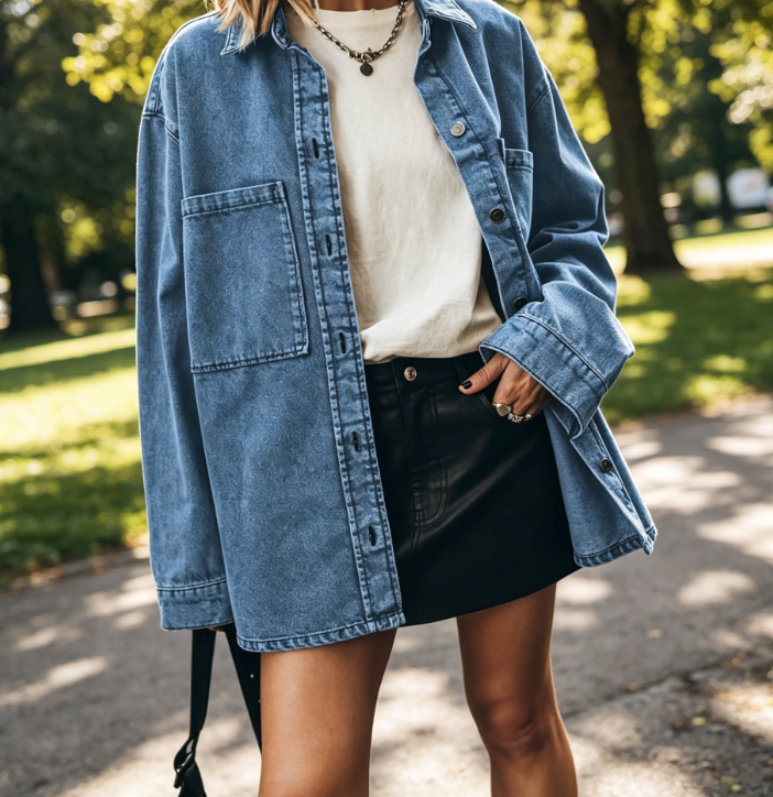 36 Denim Jacket Casual Button Up Denim Overshirt Trendy Long Sleeve Jacket Coat - Image 1