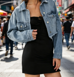 Cropped Denim Jacket Distressed Long Sleeve Basic Button Down Jean Jacket - Image 2