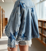Casual Denim Jacket Leopard Stars Printed Boyfriend Vintage Jean Jacket Coat with Pockets - Image 2