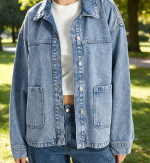 Jean Jacket Trendy Button Up Denim Shirt Jacket Long Sleeve Coat Fashion with Pockets - Image 2