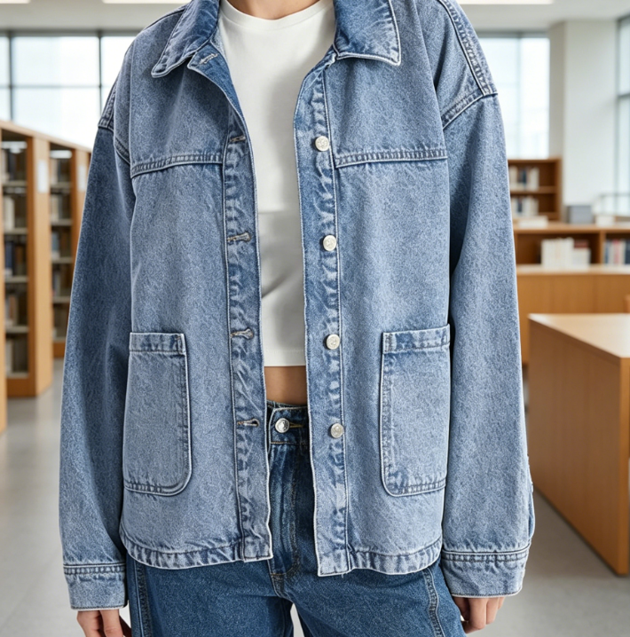 42 Jean Jacket Trendy Button Up Denim Shirt Jacket Long Sleeve Coat Fashion with Pockets - Image 1