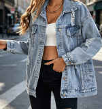 Denim Jacket Ripped Jean Jacket Boyfriend Long Sleeve Trucker Coat
