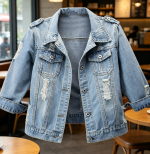 Autumn 3/4 Sleeve Retro Short Denim Jacket Light Blue Jean Coat - Image 2