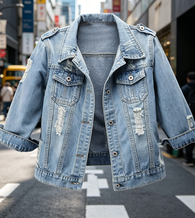 44 Autumn 3/4 Sleeve Retro Short Denim Jacket Light Blue Jean Coat - Image 1