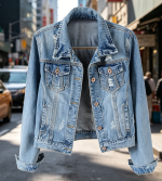 Denim Jacket Distressed Ripped Long Sleeve Jean Jacket Coat