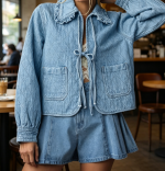 Denim Jacket Casual Long Sleeve Peter Pan Collar Denim Shirt Tie Front Shacket Loose Fit Top - Image 2