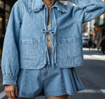 Denim Jacket Casual Long Sleeve Peter Pan Collar Denim Shirt Tie Front Shacket Loose Fit Top