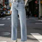 Straight Leg High Waisted Frayed Baggy Pants Raw Hem Loose Stretchy Cropped Wide Leg Jeans