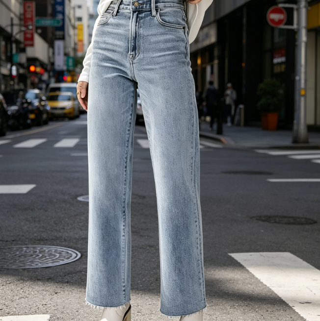 54 Straight Leg High Waisted Frayed Baggy Pants Raw Hem Loose Stretchy Cropped Wide Leg Jeans - Image 1