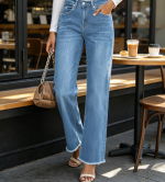 Straight Leg High Waisted Stretchy Frayed Raw Hem Loose Denim Pants Casual Baggy Trousers - Image 2