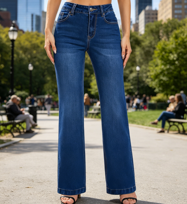 67 Wide Leg High Waisted Elastic Waist Pull On Comfort Denim Jeans - Image 1