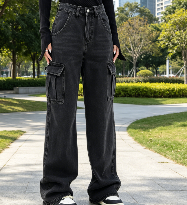 69 High Waisted Cargo Jeans Straight Wide Leg Stretch Baggy Casual Loose Denim Cargo Trousers - Image 1