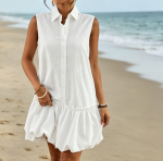 Casual Summer Sleeveless Linen Bubble Mini Short Dress Button Down Shirt Sundress with Pockets
