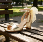 Bow High Heel Sandals Chunky Heel Single Strap Satin Ankle Strap Buckle Dress Wedding Shoes - Image 2